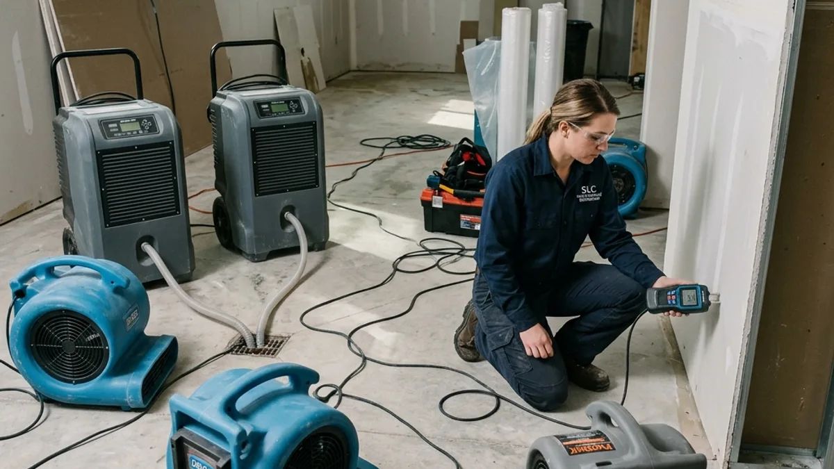 Restoration technician checking moisture levels beside drying equipment inside a water damaged property