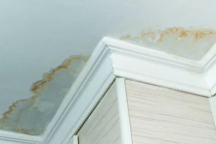 Water stains spreading across a painted ceiling and wall corner